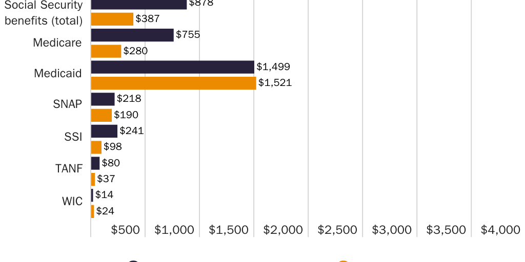 Figure 3: Average per capita welfare cost by program for native-born Americans and immigrants, ages 18–64