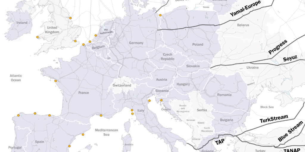 Figure 3: Major natural gas delivery routes into Europe