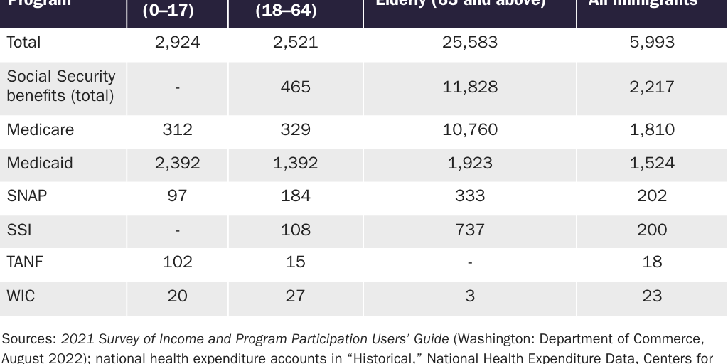 Table 1: Average per capita immigrant welfare cost by age, 2020