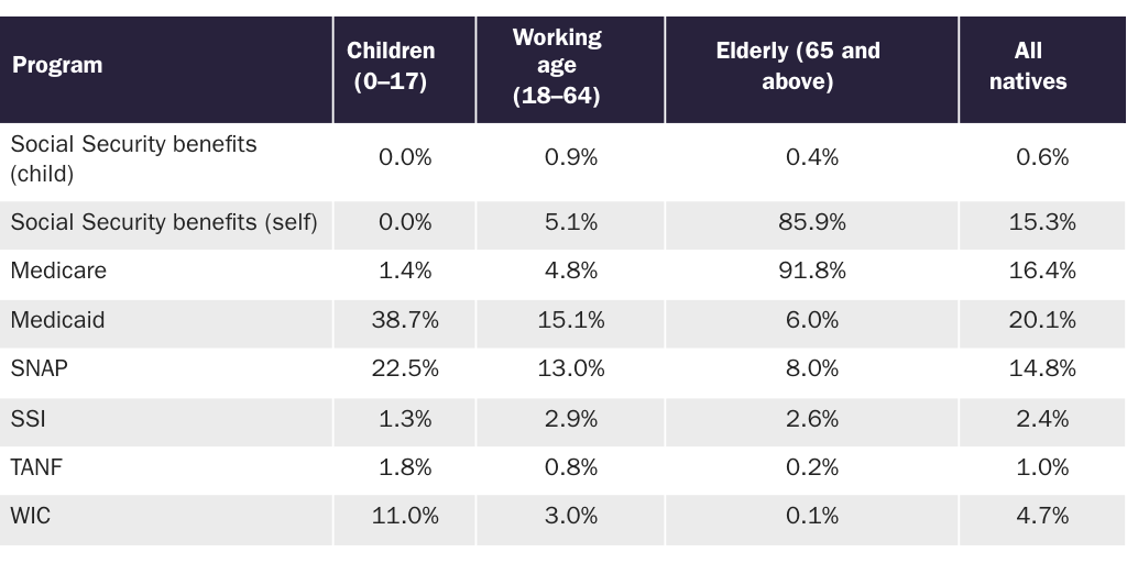 Table 4: Native-born American welfare use rates by age, 2020
