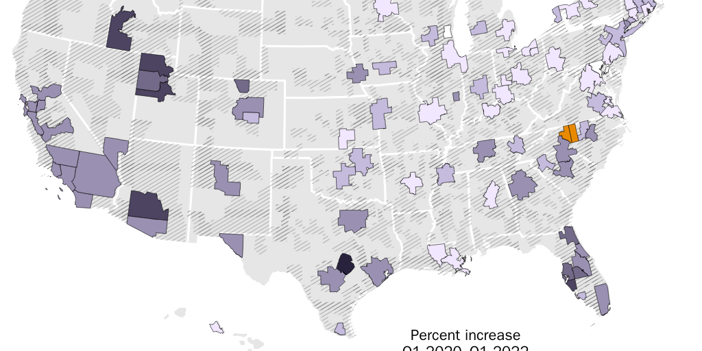 Figure 1: Median home sale price increases in large U.S. metro areas, Q1 2020–Q1 2022