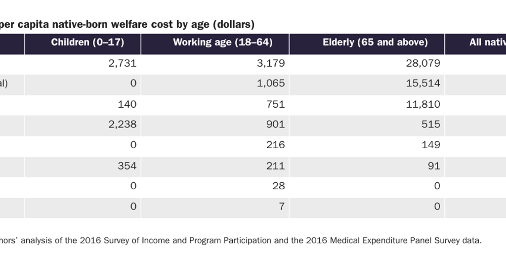 Table 2: Average per capita native-born welfare cost by age (dollars)
