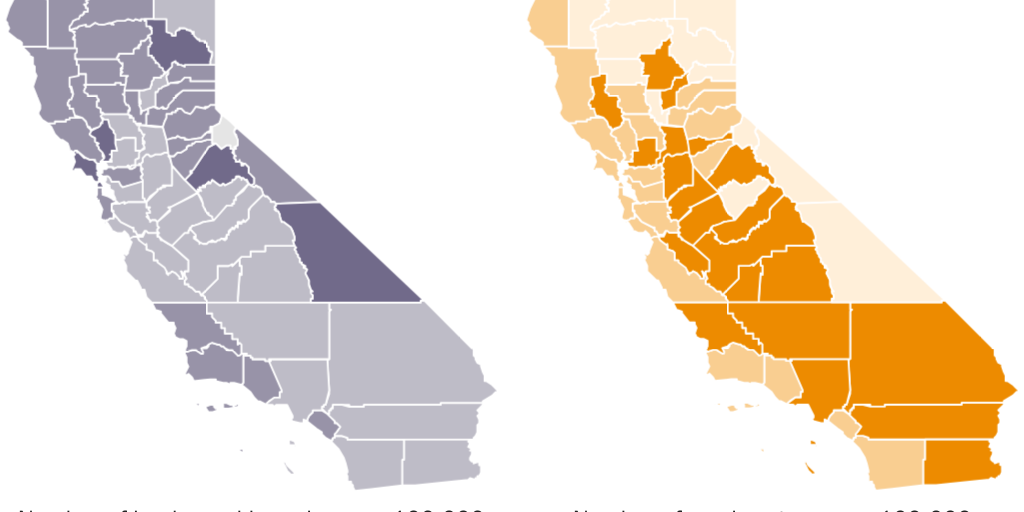 Figure 2: Concentration of California banks and payday stores by county