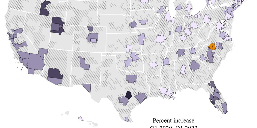 [CatoHandbook] Figure 1: Median home sale price increases in large U.S. metro areas, Q1 2020–Q1 2022